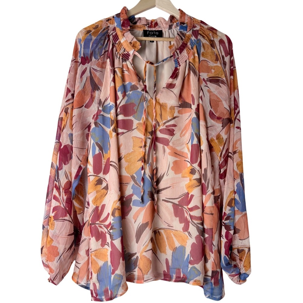 Fate Curve Blouse Women 1X Multicolor Floral Smocked Mock Neck Peasant Top Boho